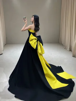 black yellow dress Zapakasa Women Black and White Satin Black Tie Dress with Slit Mermaid  Strapless Long Formal Dress main image 0