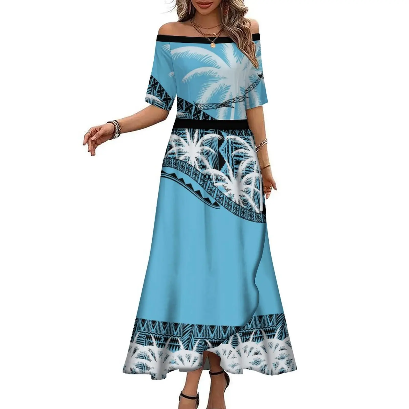 Wholesale New Arrival Custom Logo Polynesian Tribal Print Off houlder Long Maxi Dress Drop hipping One Half Off houlder Half leeve Dress Polynesian