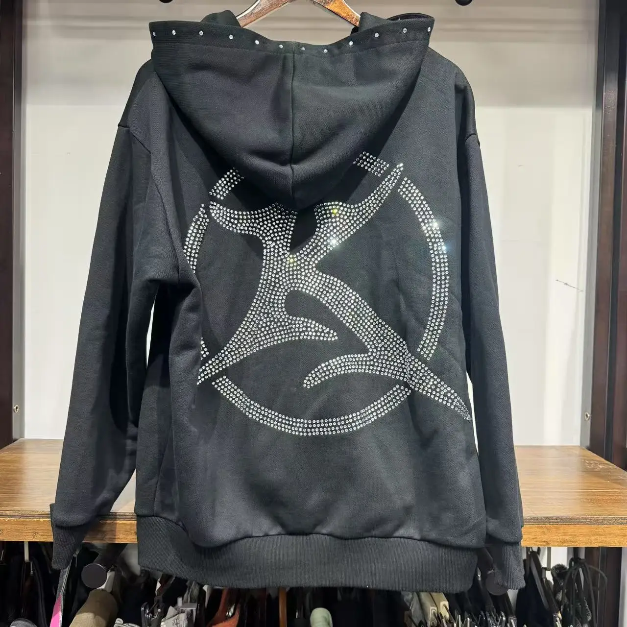 Streetwear Custom Heavyweight Cotton Stone Acid Wash All Over Printing Rhinestone Zip up Hoodie Jacket for Men gallery 5