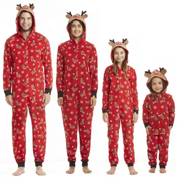 2021 Matching Christmas Pajamas For Family Cute Animal Printed Christmas Pajamas Onesie With Hoodie