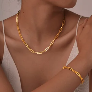 14K Gold Plated Stainless Steel Dainty Rectangle Paperclip Link Chain Necklace Bracelet Set for Women Long Lasting Color