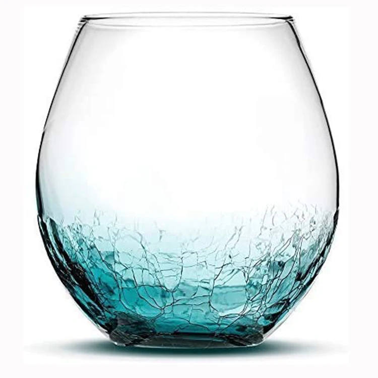 Custom Spray Blue Color Round Hand Made Unique Wine Glasses Stemless Wine Glass With Crack Design Bottom