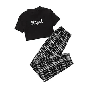 Wholesale Customization Short T-shirt and Plaid Pants Girls Boutique Clothing Sets
