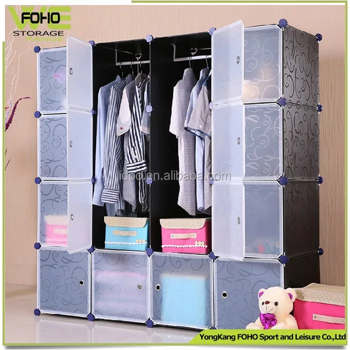 16-Cube Portable Closet, Plastic Wardrobe with Doors & 3 Hangers