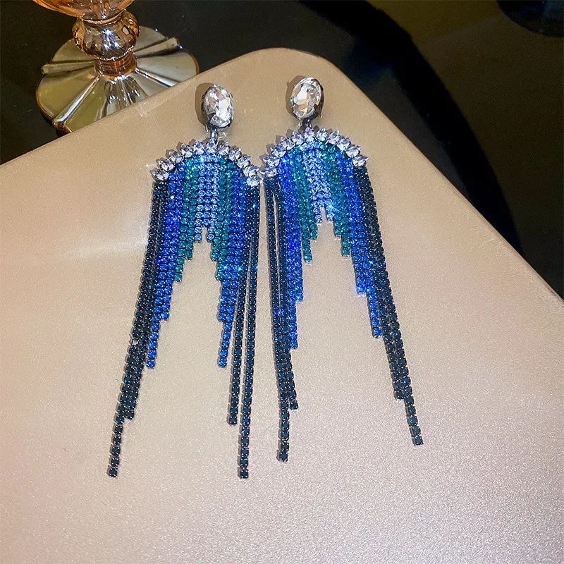 Fashion Jewelry 925 Silver Needle Rhinestone Long Tassel Earrings For