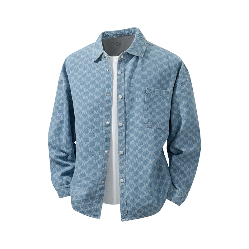 Denim cotton shirt, geometric jacquard long-sleeved men's casual button-down jacket, spring.