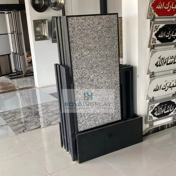 Latest Quartz Marble Stone Type Sliding Rotating Display Stand Flooring Panels Push Pull Ceramic Tile Display Rack Stand