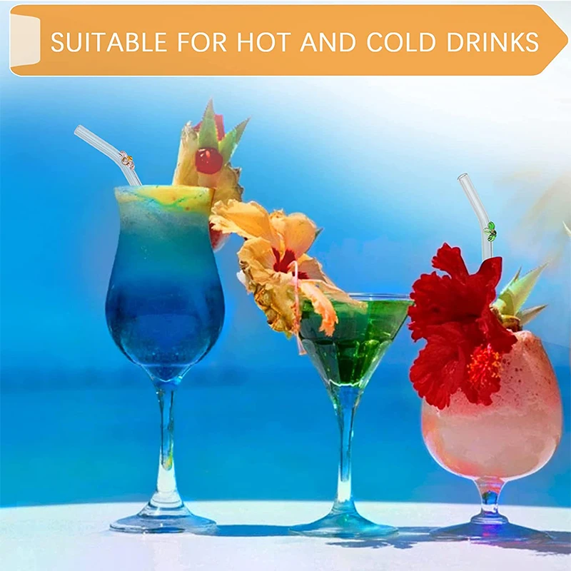 Прозрачная многоразовая Изогнутая Стеклянная соломинка для питья с красочным цветочным дизайном и чистящей щеткой