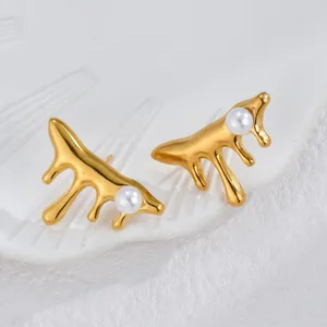 Fashion Jewelry Retro Versatile Women Earrings Stainless Steel Lava Shape Pearl Stud Earrings Gift for Girls