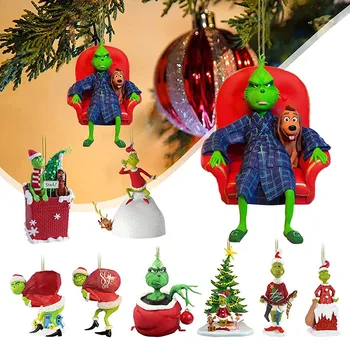 Hot Sale Christmas Tree Ornaments Acrylic Green Monster Pendant Hanging Flat Christmas Ornaments For Xmas Party Decoration