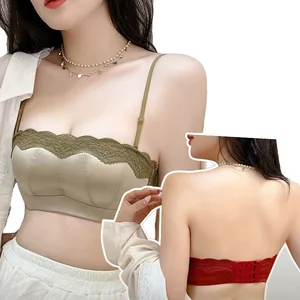 Hot Sale High Quality Luxury Glossy Strapless Sexy Lace Bra Set Floral Pattern Wire Free Women's Breathable Smooth Lingerie