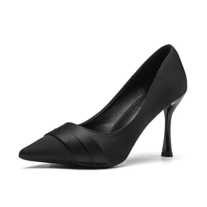 Elegant Black Satin Stiletto Heel Pumps with Cross Strap Accent Height Increasing Comfort Formal Wedding Shoes for Women