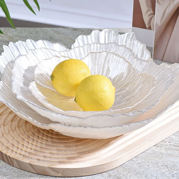 Pearl White Glass Plate Big Size Kitchenware Pearlescent Snack Creative Candy Fruit Plate Flower Crystal Plate