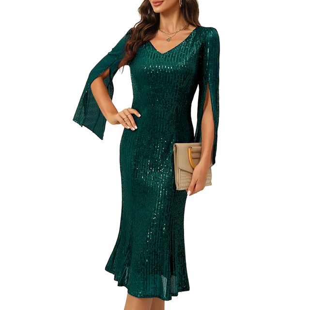 High Quality Luxury Womens Dinner cocktail Ladies Evening Gown Elegant Sequins Party Dresses With Long Sleeve
