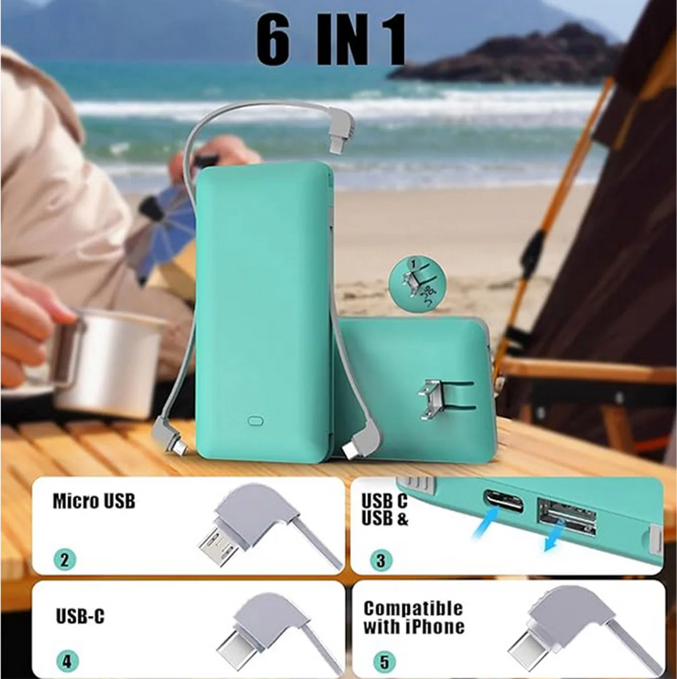 Quick 20W 6 in 1 Power Bank 10000mAh Built-in 3 Cables & AC Plug, Portable Multi-port Phone Charger Digital Display PB180P