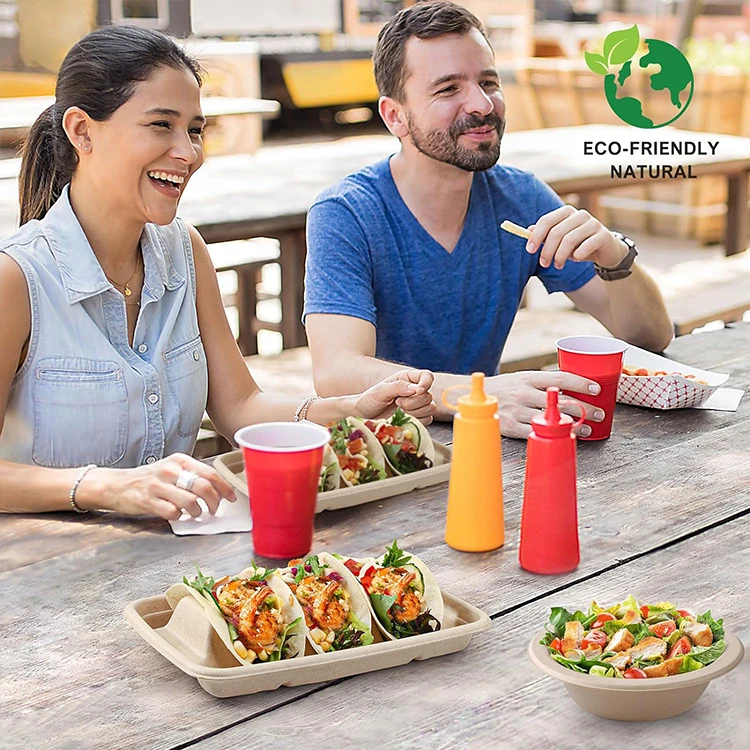 Sugarcane Taco Box to Go Disposable Custom Take Out Food Box Clamshell Container Bagasse Taco Holder for 3 Tacos