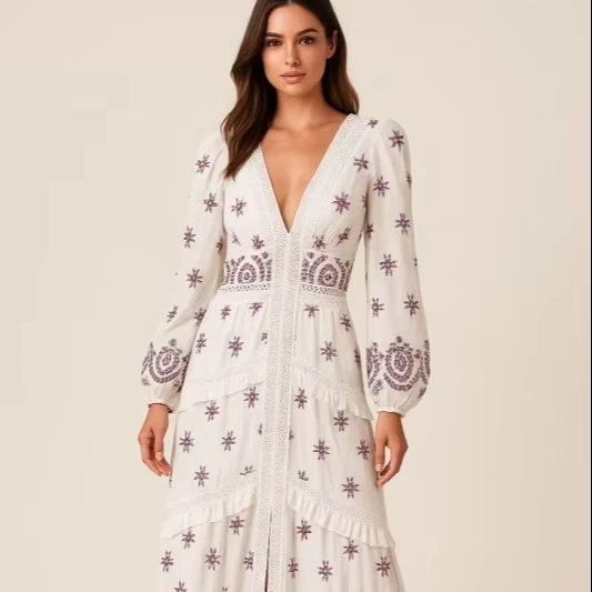 Autumn Long 100% Cotton Dress With Embroidered Lace And Ruffled Edges Natural Waistline Woven Weaving Method - Image 1