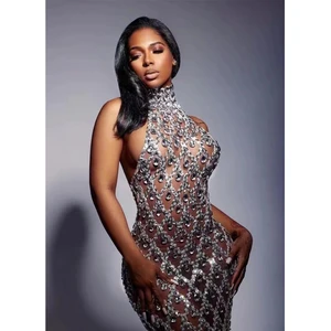 Women Applique Bling Bling Satin Empire Waist Prom Crystal Ball Gown Floor-Length Evening Dress