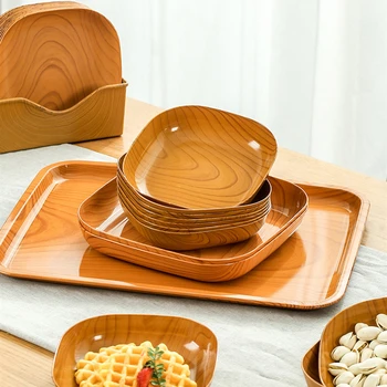 Wood Grain Snack Fruit Nuts Tray Spit Bone Dish Light Weight Picnic Plates Reusable Plastic Plates Set