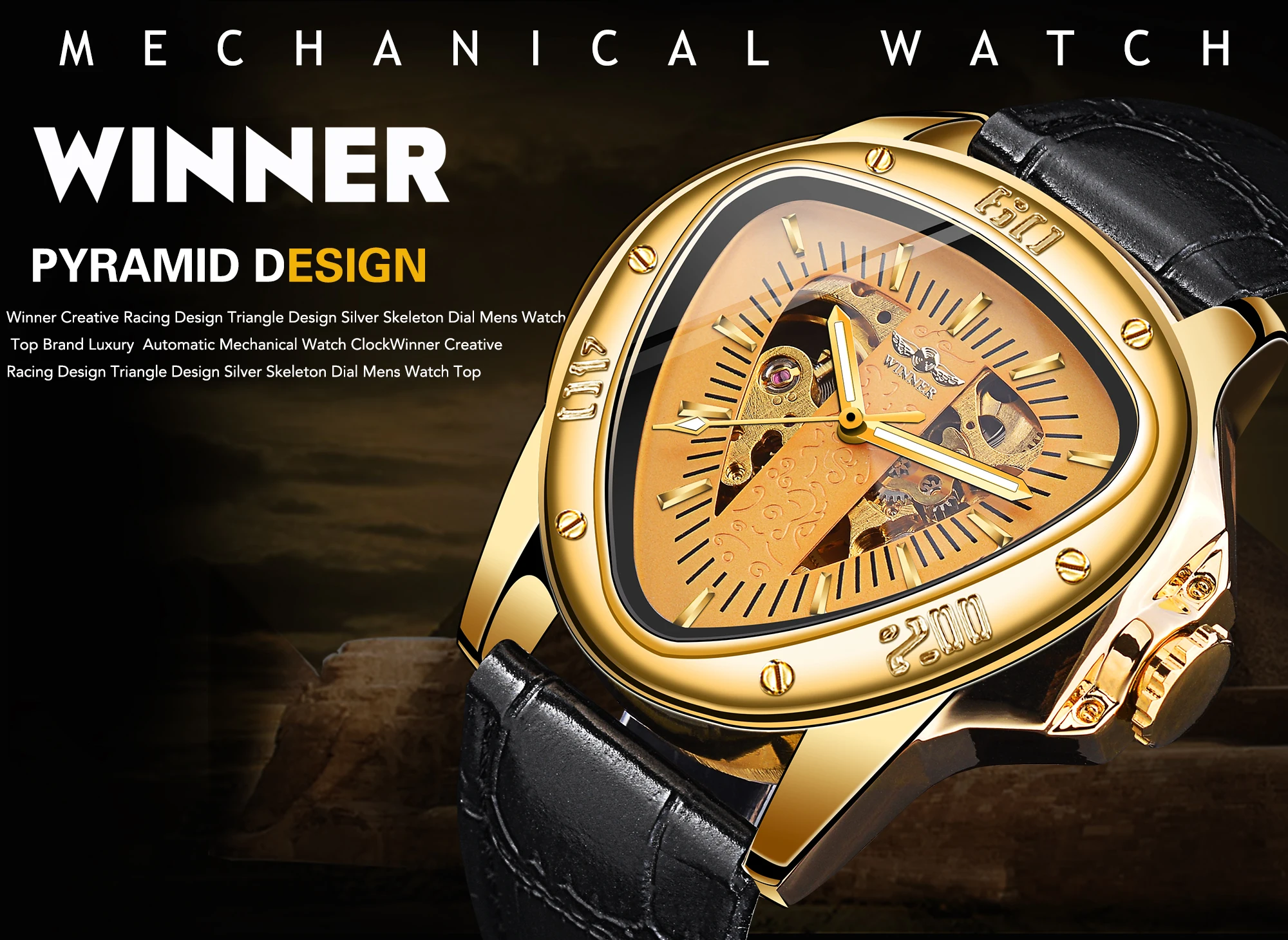Winner Skeleton Triangle Watch Men Gold Dial Automatic Mechanical Wrist  Watches Black Strap Mens Clock Irregular Montre