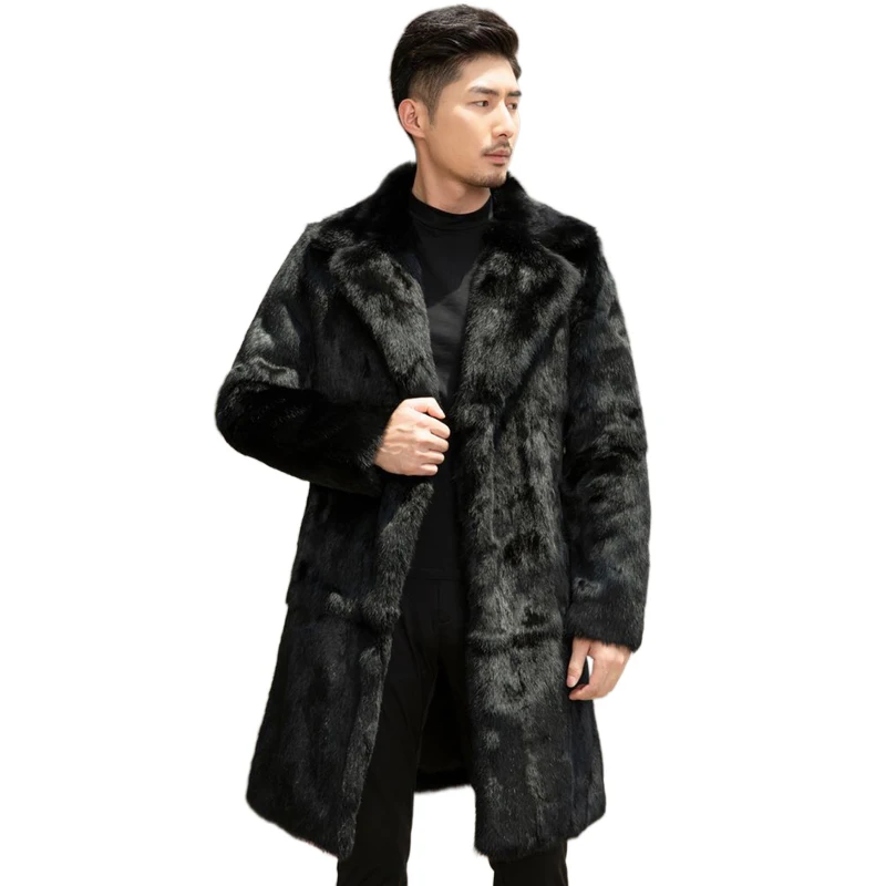 Carter Black Rabbit Fur Coat with Lapel Front For Men