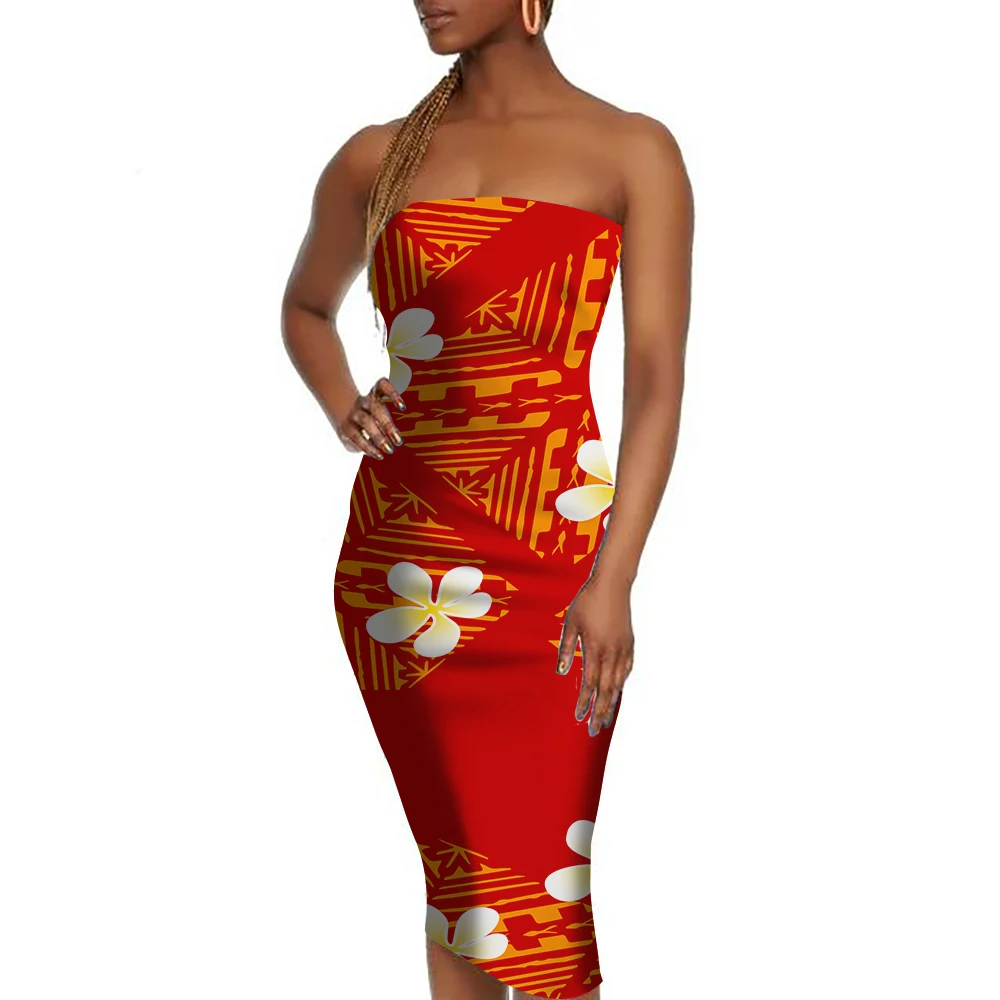 Red Polynesian Tribal Strapless Dress  Summer Luau Party Outfit, Plus Size  Sleeveless Cocktail Dress for Women