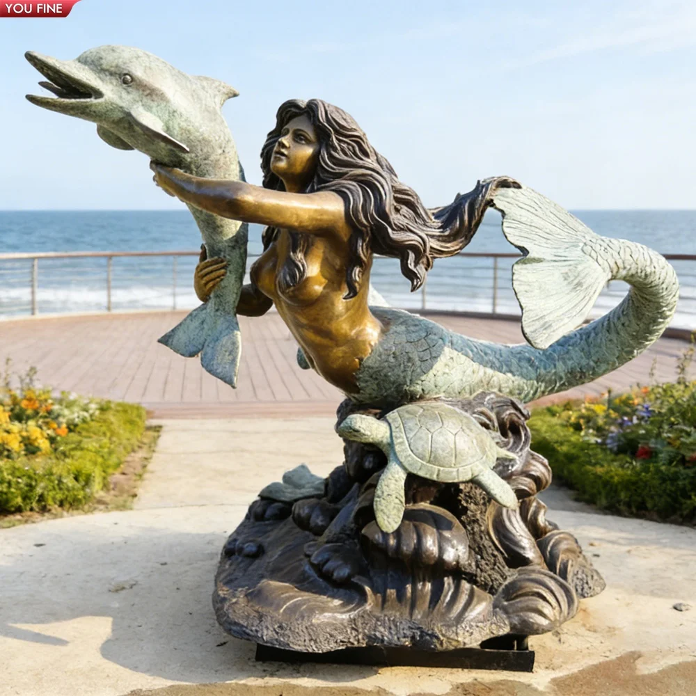 Bronze Sea Mermaid Dolphin Sculpture - Perfect Coffee Table