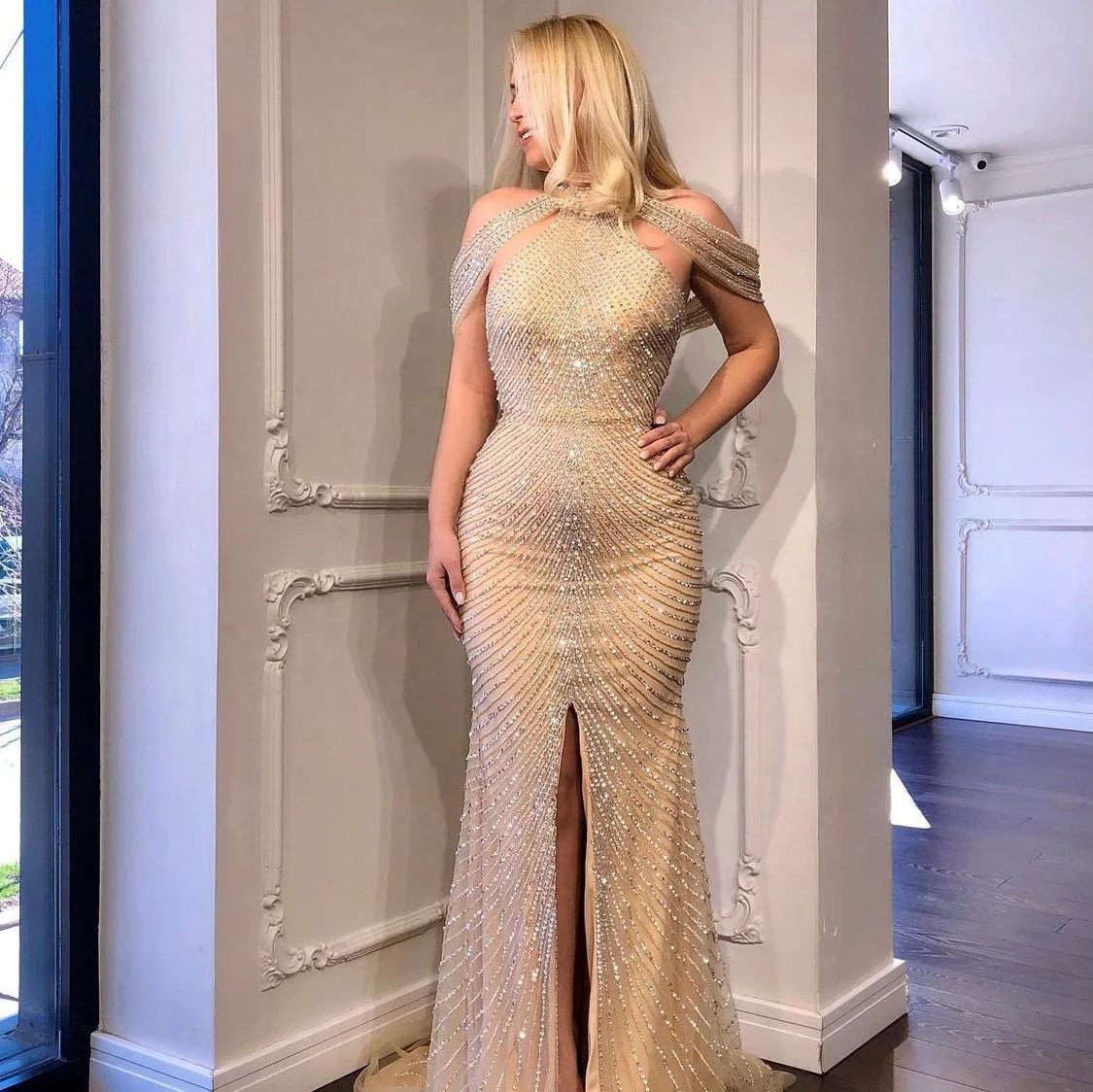 halter top prom dress patterns Embellished Long Halter Prom Dress 1116 Gold / 00 main image 0