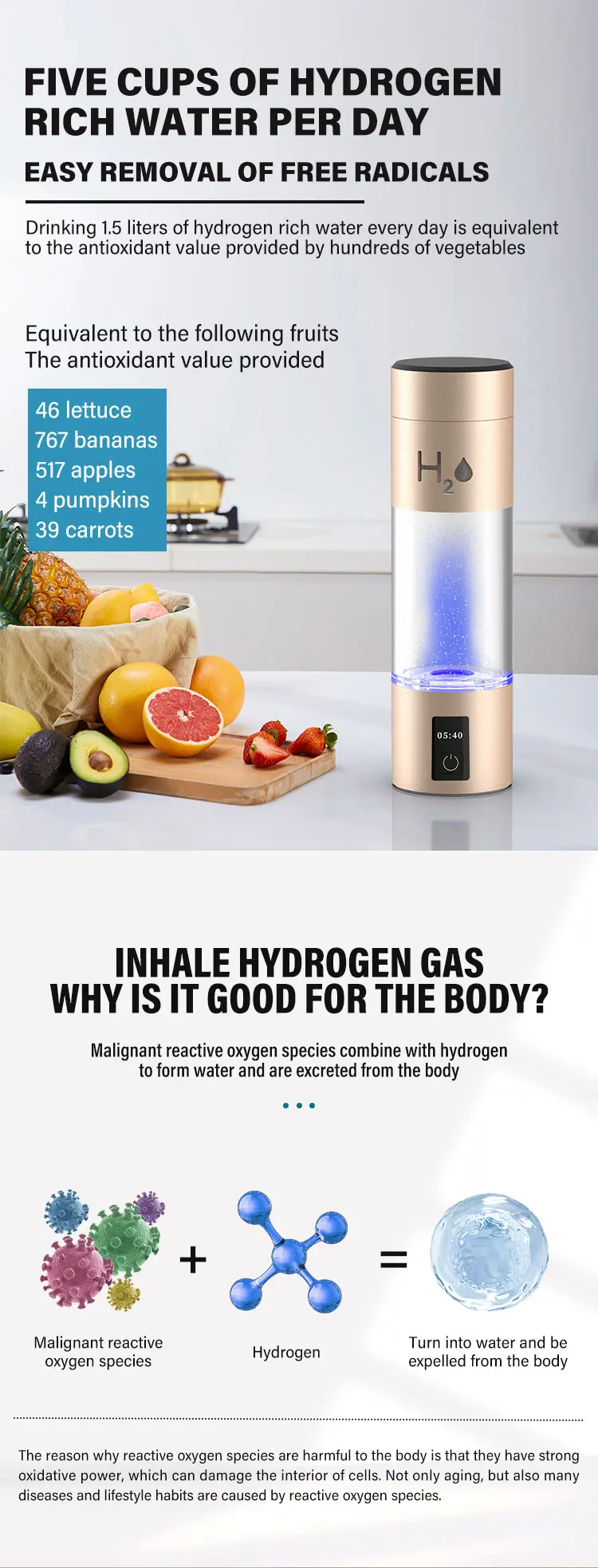 Bouteille d'eau à hydrogène 6000PPB, 2 modes, générateur de bouteille d