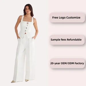 Women's Casual Daily Outfit Solid Two-Piece Pant Set Sun Metal Button Long Pants Button-Up Vest Top Featuring Side Pockets