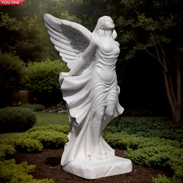 Garden Decor Life Size Stone Carving White Marble Winged Angel ...