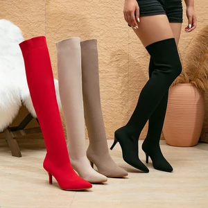 Skinny and Versatile Women's Knee High Boots Spring Autumn Fashionable Women's Boots Pointed Pointed and Slim Heel Knitted Boots