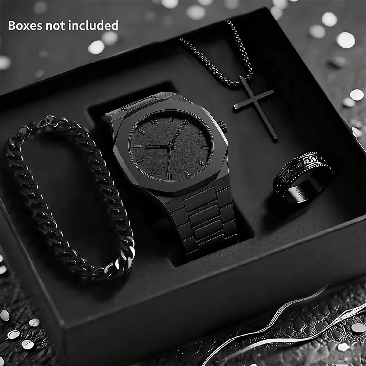 1158 Cs008 Gift Set Four Piece Black Rings Bracelets Necklaces Muslim Quartz Watch Witho aperçu 8
