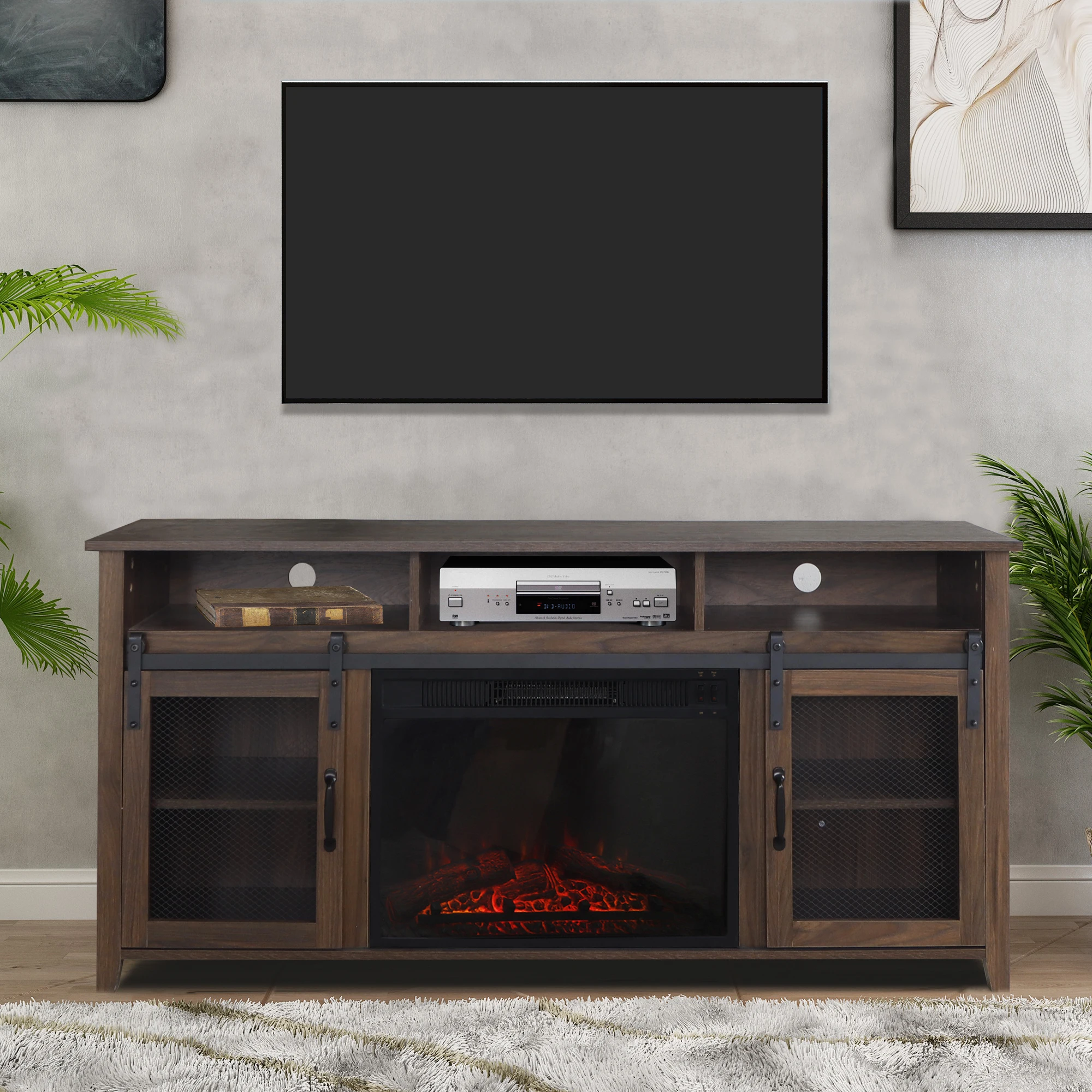 Modern Barn Door Wood Lcd Living Room Tv Console Storage Stand Tv Stand With Fireplace