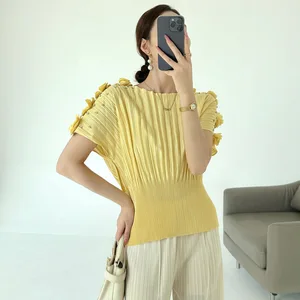 Miyake High-Grade Beaded Women's Summer T-Shirt Pleated Embroidered Design Comfortable Loose Waist Round Neck Short Sleeve Top