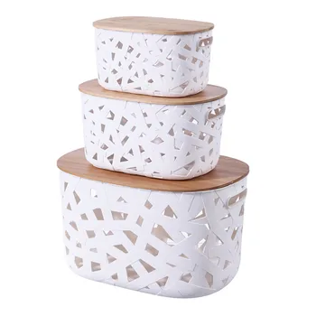 New Patent Design Plastic Storage Basket plastic storage bins Box with Bamboo wooden cover lid New Patent Design