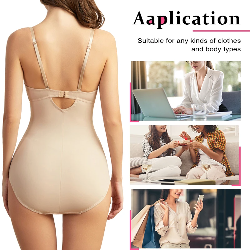 Halft Back Body Shaper with Built-in Bra Shapewear One Pieces Breathable Body Shaper Deep V-Neck Bodysuit