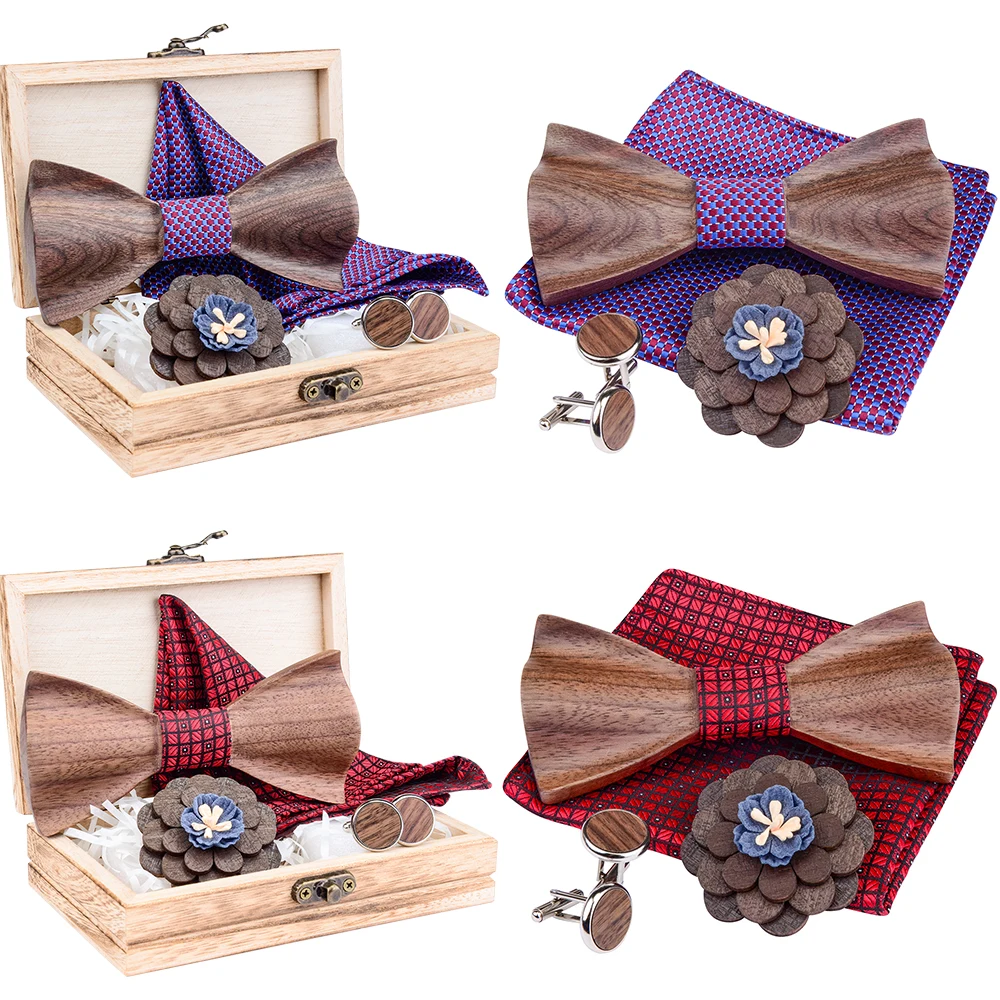 3d Wooden Bow Tie Perfect Mens Necktie Handkerchief Cuff Brooch Set For ...