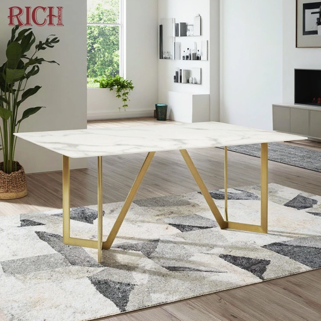 Modern Luxury Rectangular White Faux Marble Top Metal Dining Table Home Villa Apartment Kitchen Room Hotel Office Restaurant Use