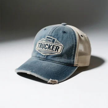 Distressed Trucker Hat With Customizable Wash Print Text Ideal for Truck Drivers and Outdoor Enthusiasts Durable Mesh Panels