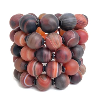 12-20mm Natural brown stripe Agate Bracelets Men Handmade Tibetan Buddha Hand String Barrel Rosary Prayer Round bead Bangles