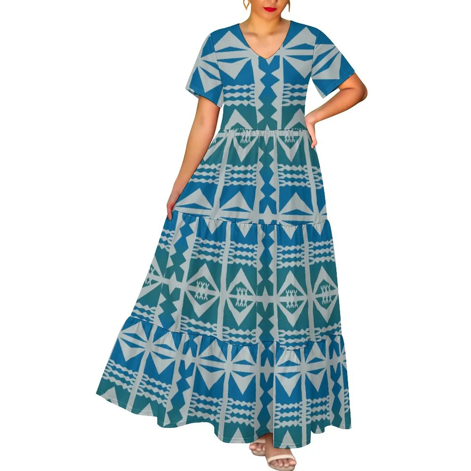 fiji dresses for ladies Pacific Island Pattern Hawaiian Style Deep V Neck Maxi Dress redroplive:6-26-25