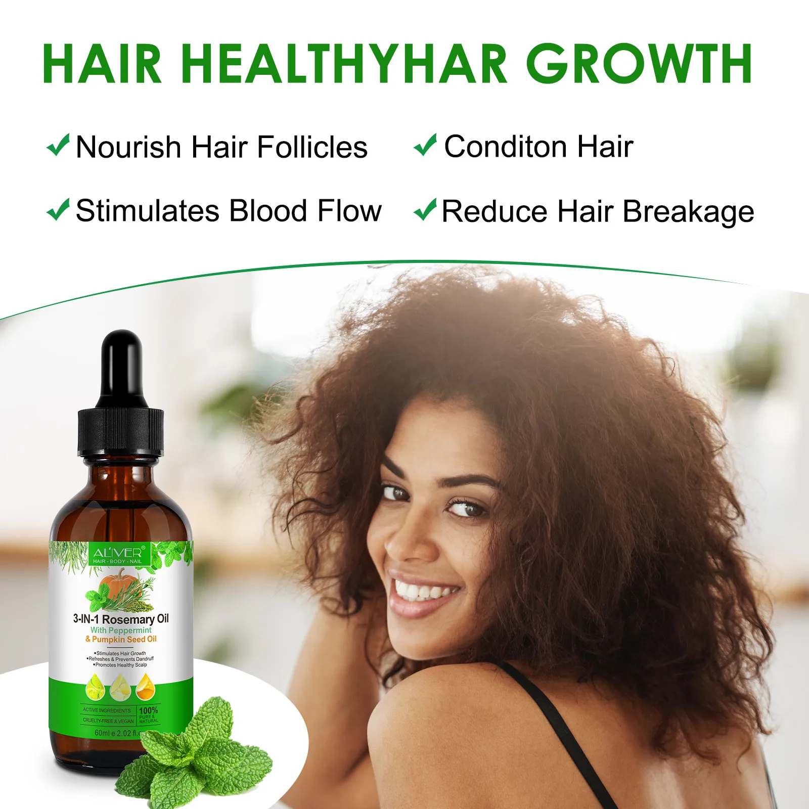 Aliver Promotes Healthy Scalp 3in1 Rosemary Oil Peppermint Pumpkin Seed Oil Herbal Fast Hair 4254