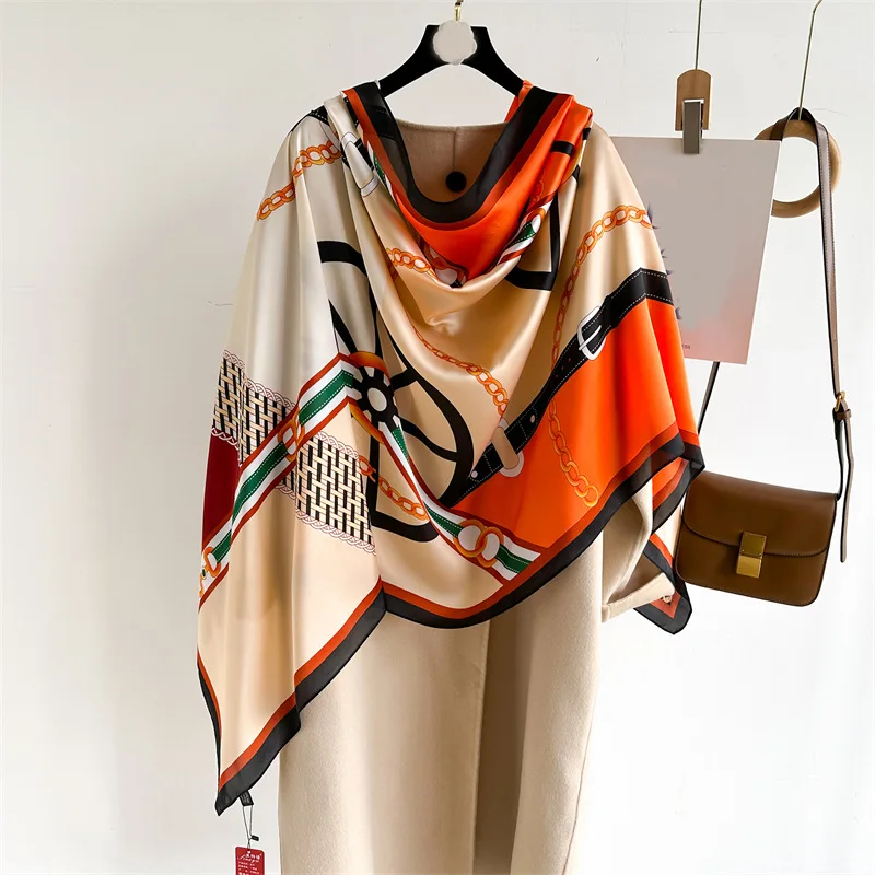 Stylish Newest Lady Silk Head Scarf With Chain Pattern Beach Shawls Women  Soft Large 180*90CM Luxury Designer Silk Scarves Hijab