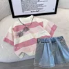 Rainbow t-shirt pleated denim shorts