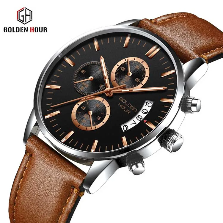 GOLDEN HOUR GH125-L fashion Brown unisex quartz watch vive PU leather band 3 dials calender Concise outdoor watch company