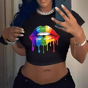 Summer Short t Shirt Short Sleeve Women's Slim Fitting Crop Top Printed Casual Knitted T-shirt