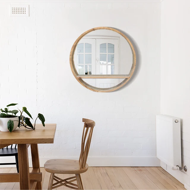 Mdf Frame Round Home Decorative Wall Mirror with Shelf Design Rustic Wood Home Decor Wall Mirror