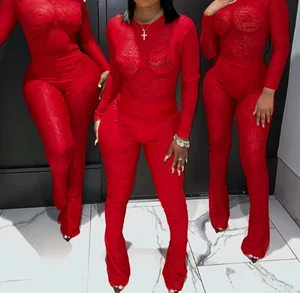 Viviblook K23ST370  Sexy Valentine  Bodysuit Two Piece Flare Pants Set Sets for Women Two Pieces Lace Sweat Suits