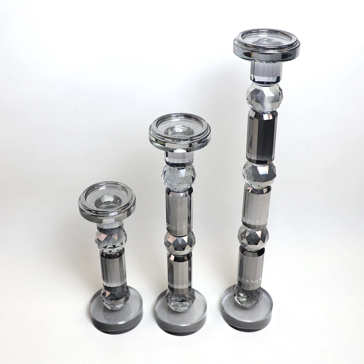 Wholesale tall crystal pillar decor clear gray glass candle holders